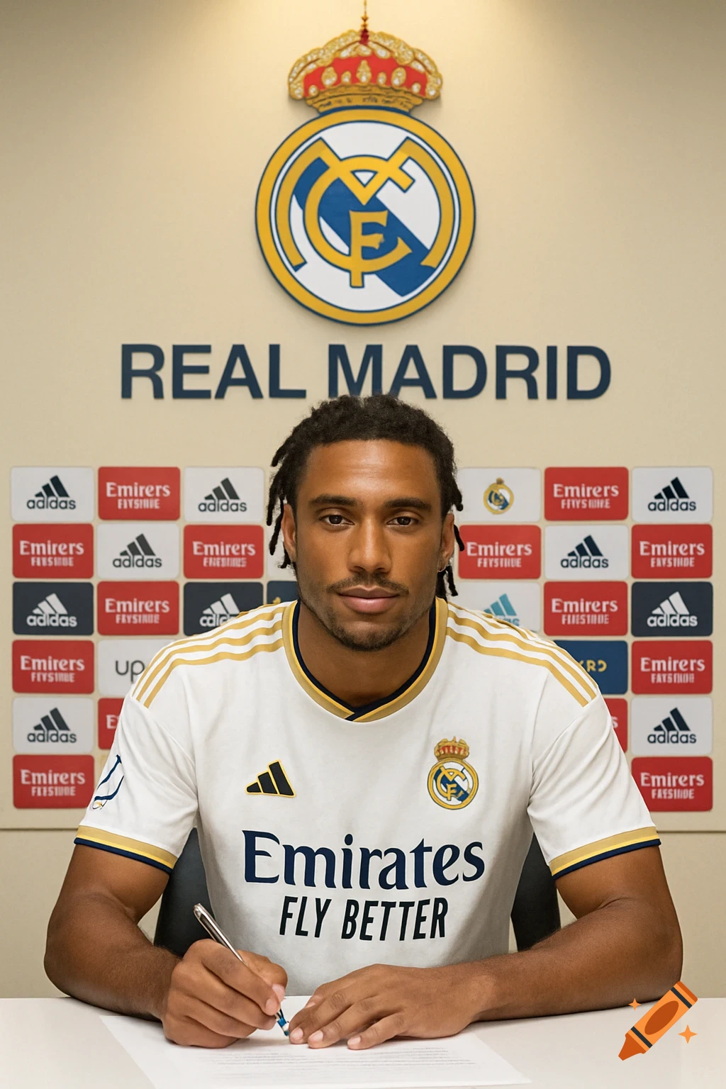 A professional football player with dreadlocks sits at a white table, signing a document with a silver pen. He wears a white Real Madrid jersey with gold details. Behind him is a wall with the Real Madrid emblem and "REAL MADRID" text, and a sponsor board with Adidas and Emirates logos.