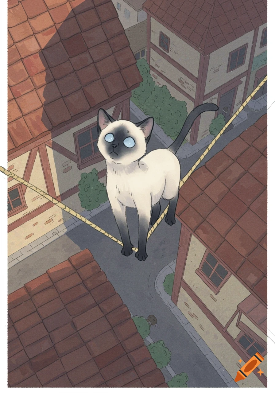 Cartoon Siamese cat with blind blue eyes balancing on a rope above town rooftops, seen from a bird's-eye view.