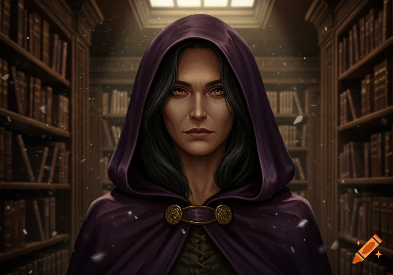 A dark-haired woman with glowing orange eyes and a purple hooded cloak stands in a library filled with bookshelves.
