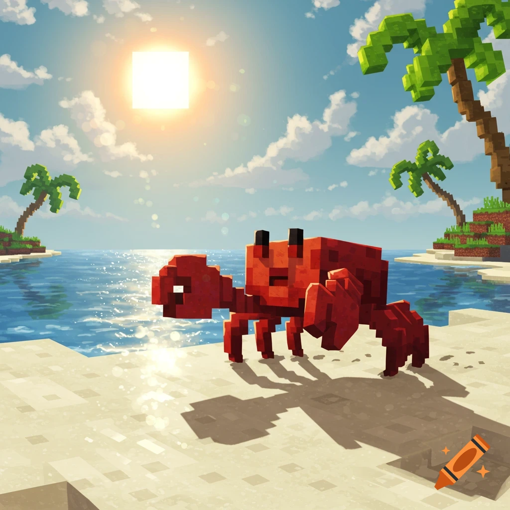 A red pixelated crab on a sandy Minecraft-style beach with palm trees, blue ocean, and a bright square sun.
