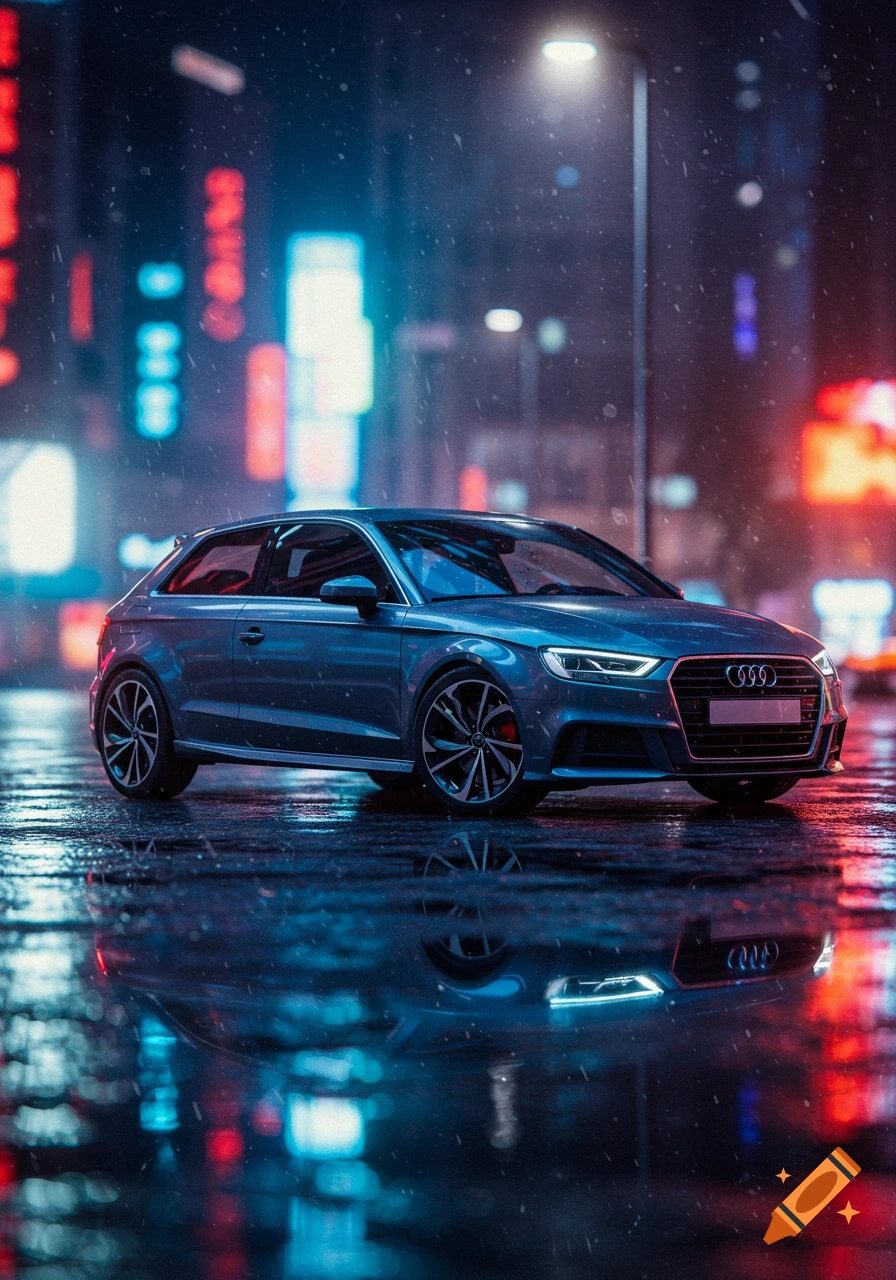 A blue Audi A3 hatchback car parked on a wet street at night, with neon city lights reflecting in puddles.