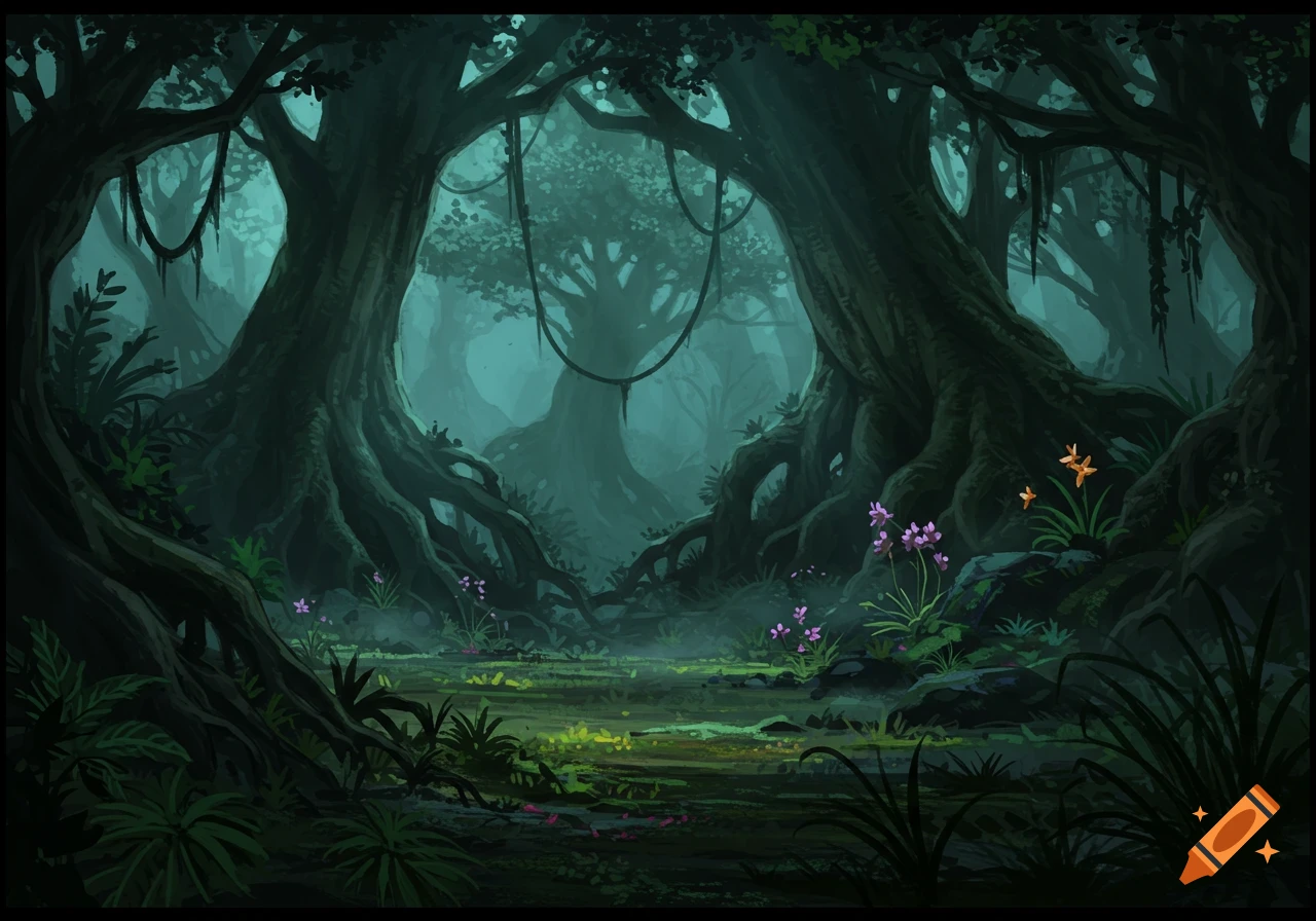A stylized painting of a dark, dense jungle with towering trees, thick vines, and luminous green foliage and small flowers on the forest floor, evoking a mysterious atmosphere.