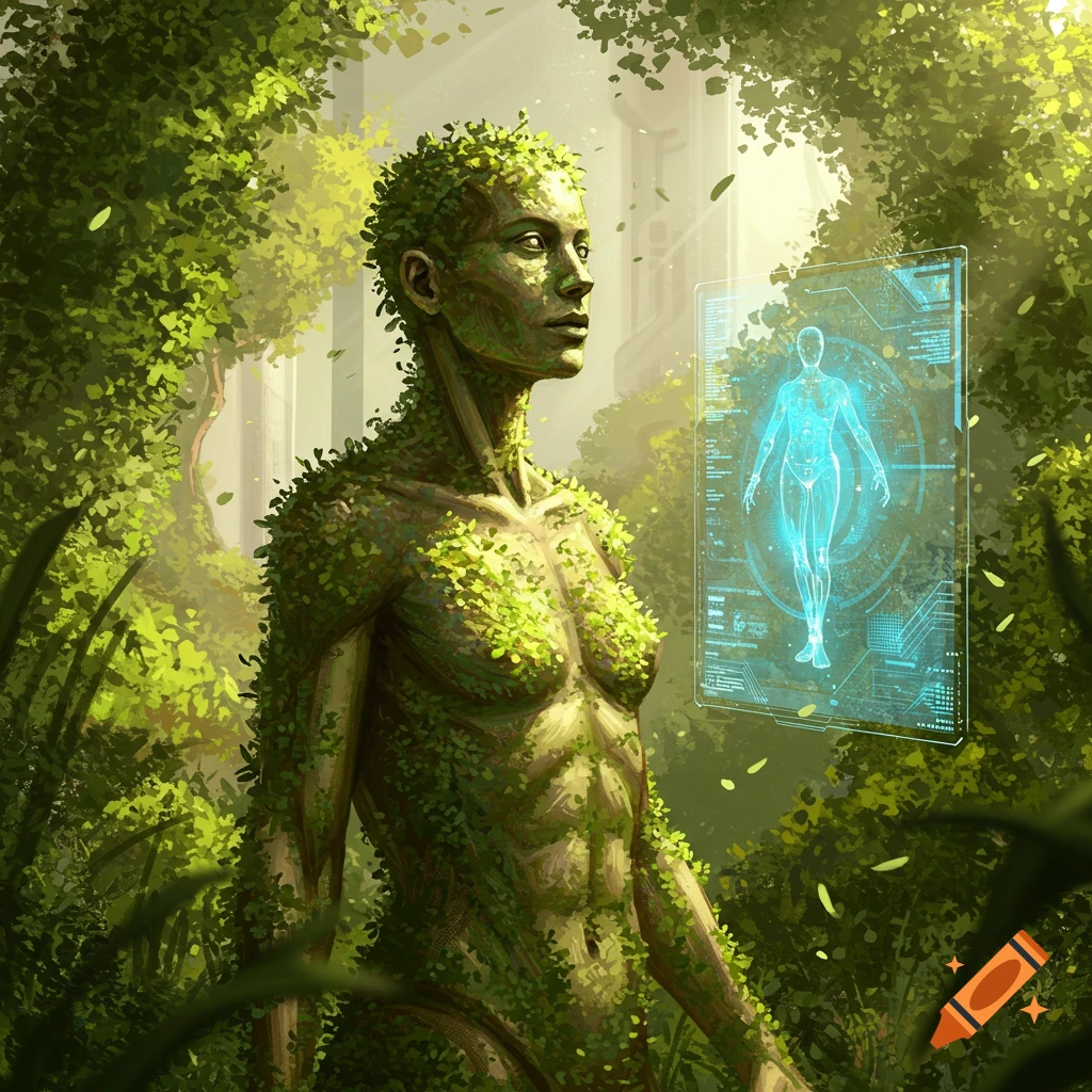 A human-like figure covered in green leaves stands in a lush forest, looking towards a glowing holographic display showing a human outline and data.