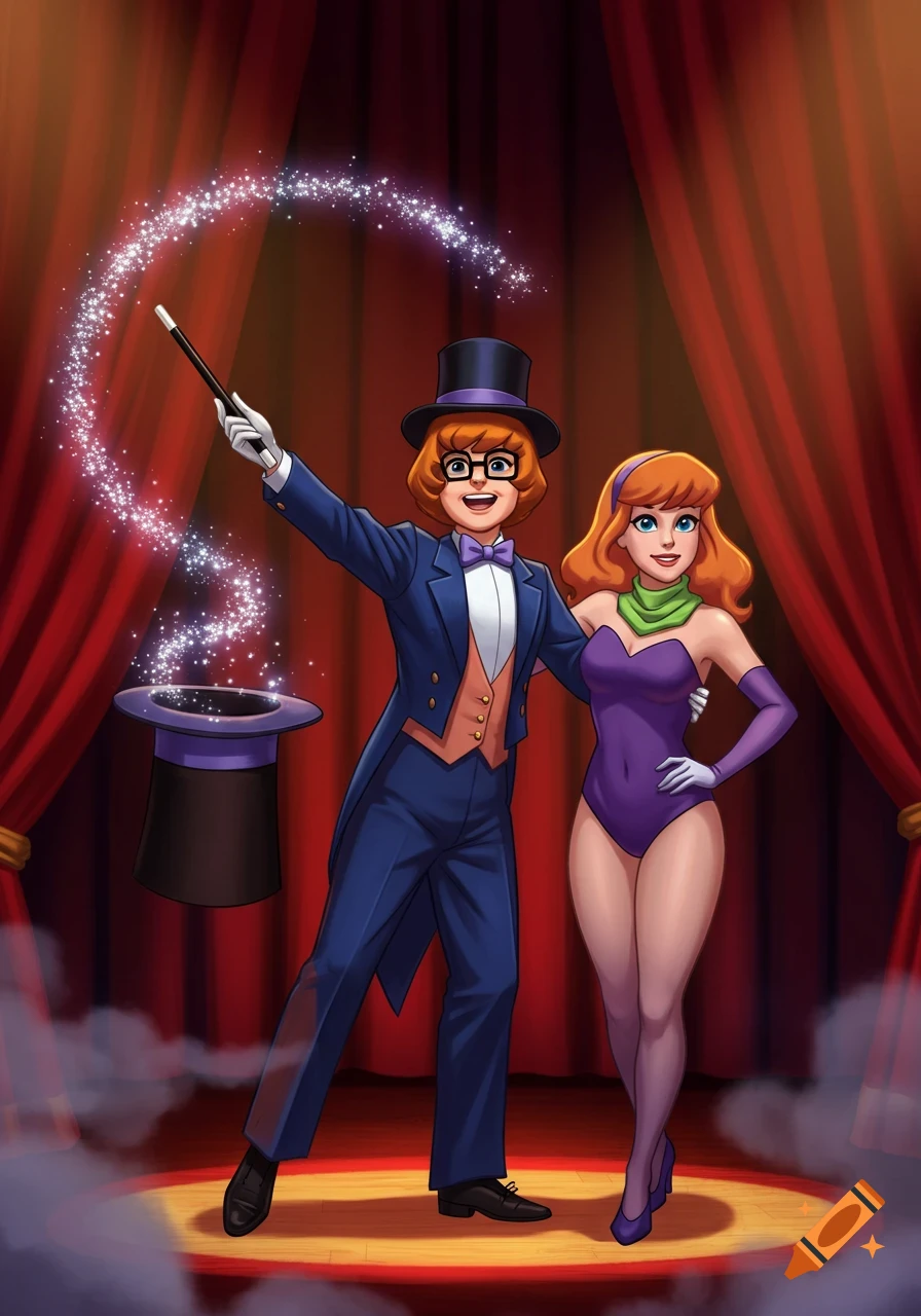 Cartoon of Velma as a magician with a sparkling wand and Daphne in a purple leotard as her assistant on a red-curtained stage.
