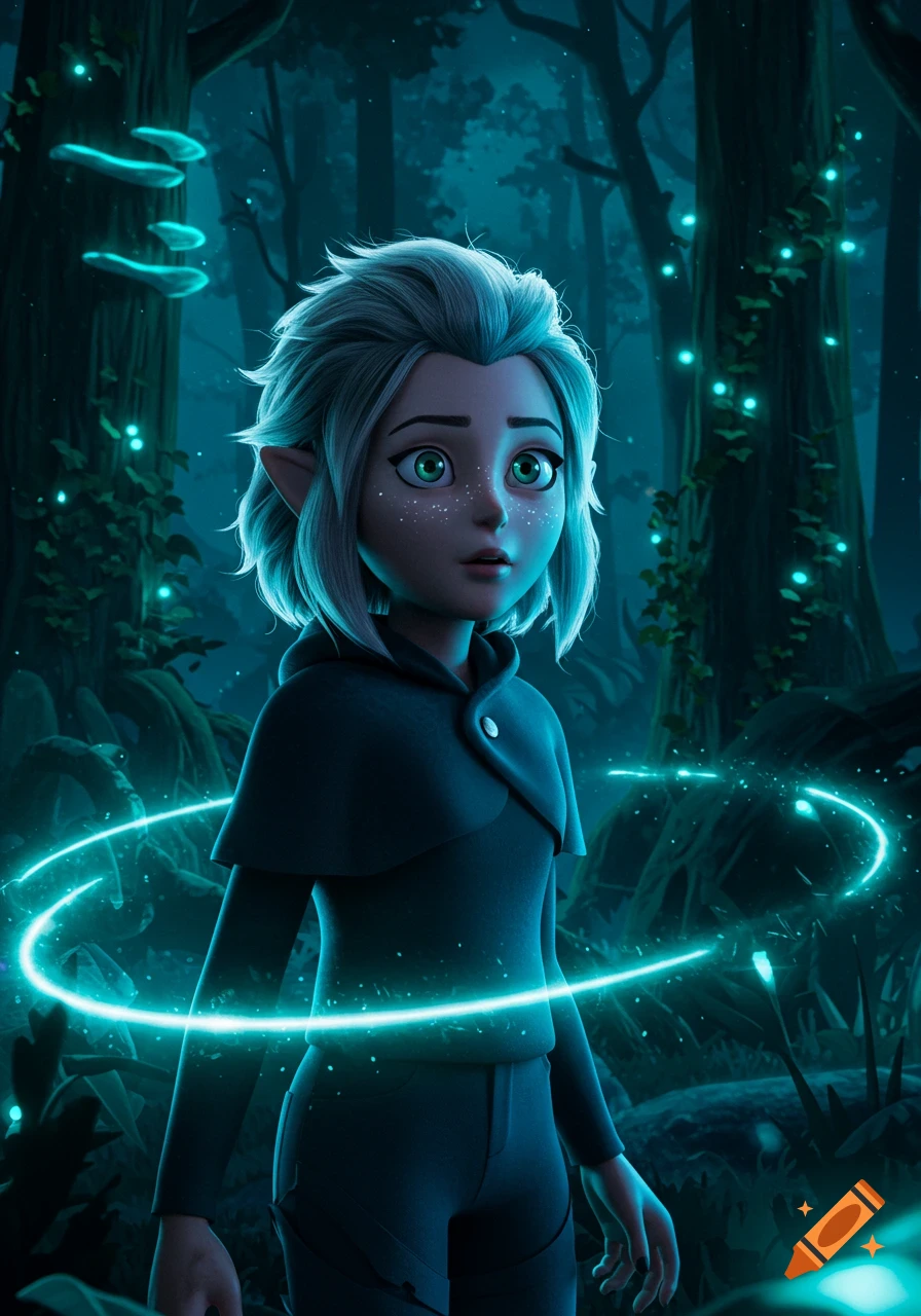 3D animated character with white hair and pointed ears in a dark, glowing forest with a teal energy ring.
