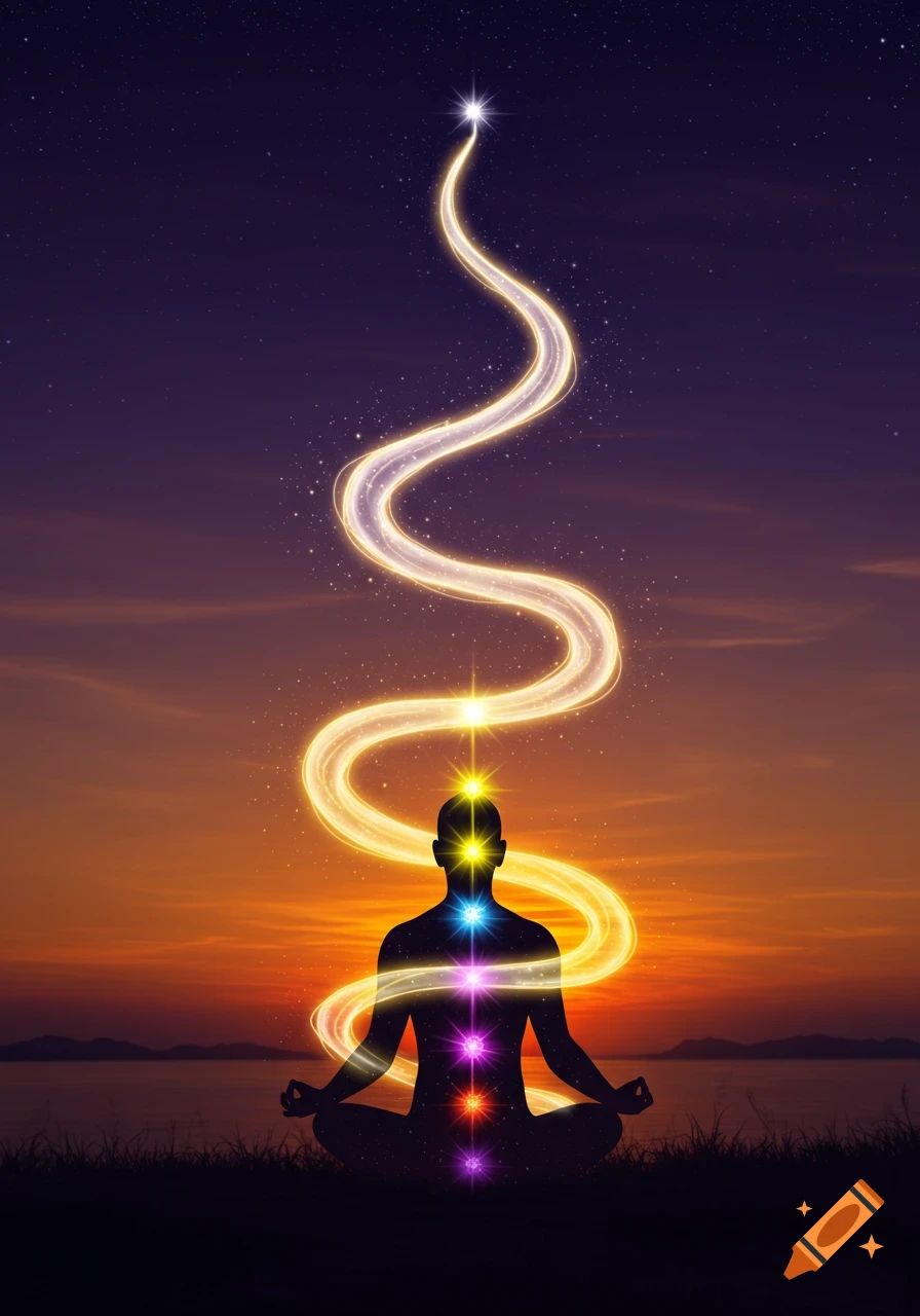 Silhouette of a meditating person with glowing chakras, a light path rising from their head to a star against a sunset and starry sky.