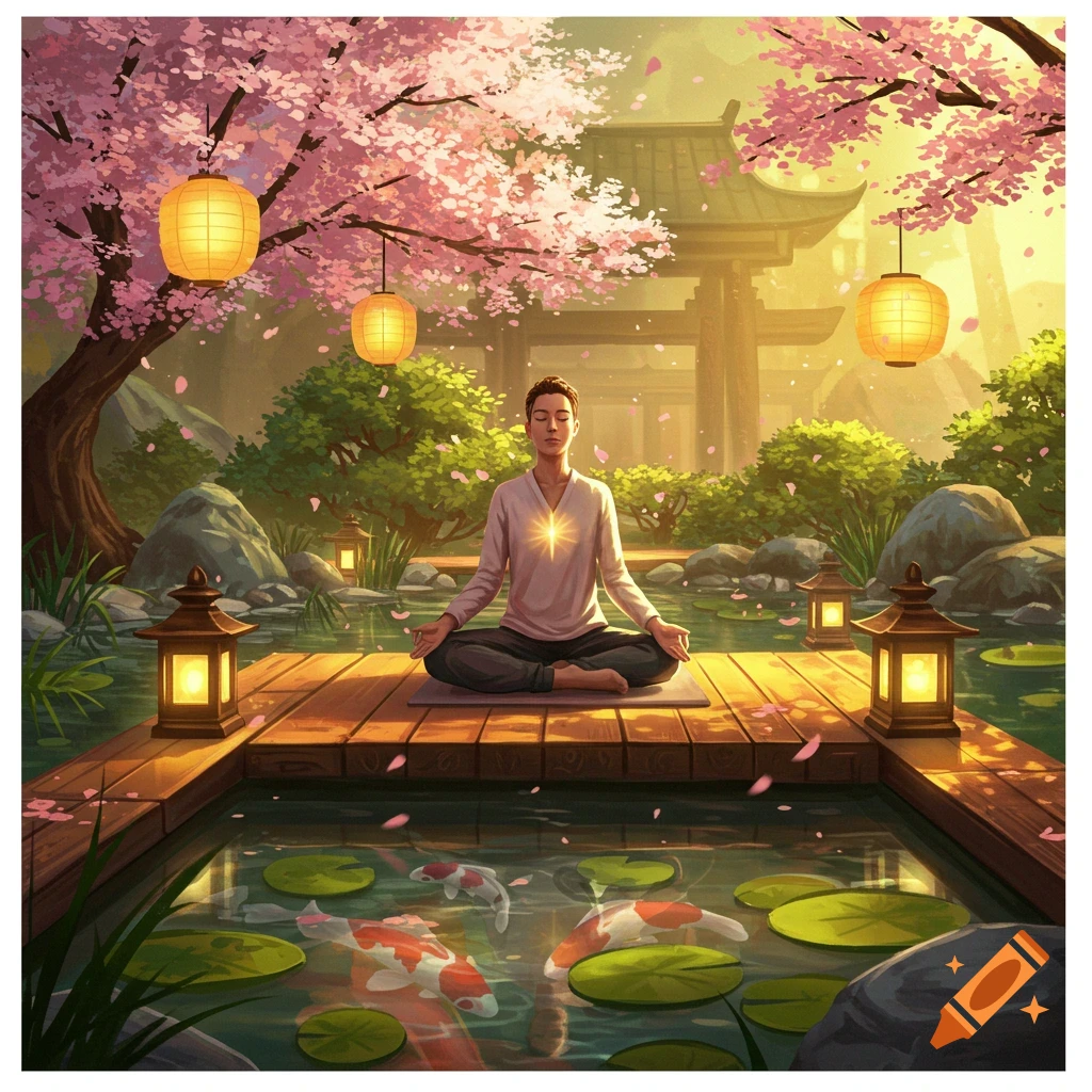 A person meditating in a lotus pose on a wooden deck in a serene Japanese garden with cherry blossoms, lanterns, and koi fish in a pond. Digital art.