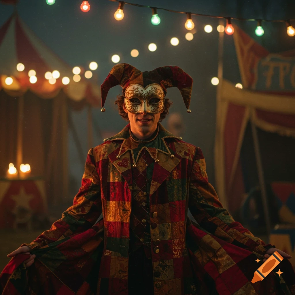 A person in a colorful jester costume and mask smiles under string lights at a carnival.