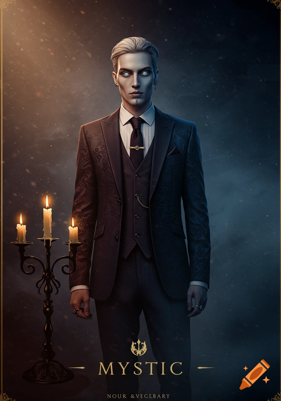 A mysterious man with white hair and glowing blue eyes in a dark suit stands next to a lit candelabra. The word 'MYSTIC' is at the bottom.
