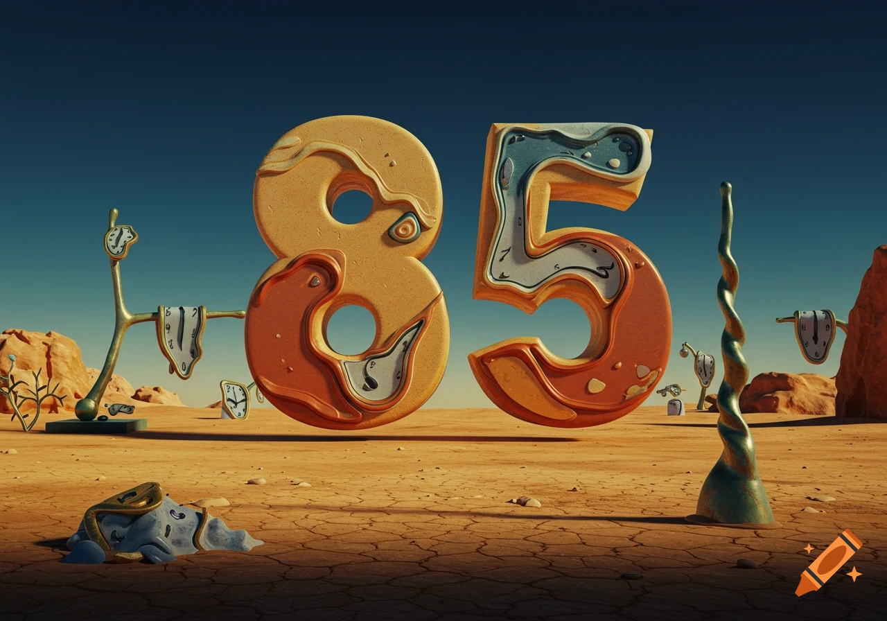 Surreal desert scene with large, melting numbers 85 and distorted clocks in the style of Salvador Dali.