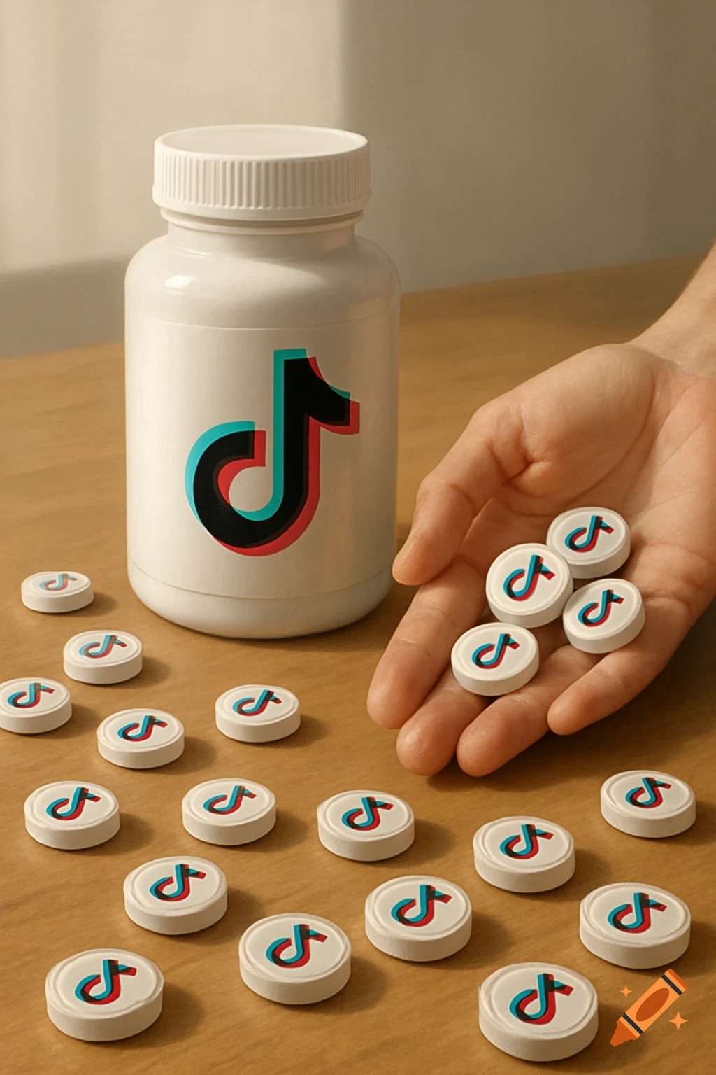 A hand holds white pills with the TikTok logo, with more scattered on a wooden table next to a TikTok-branded pill bottle.