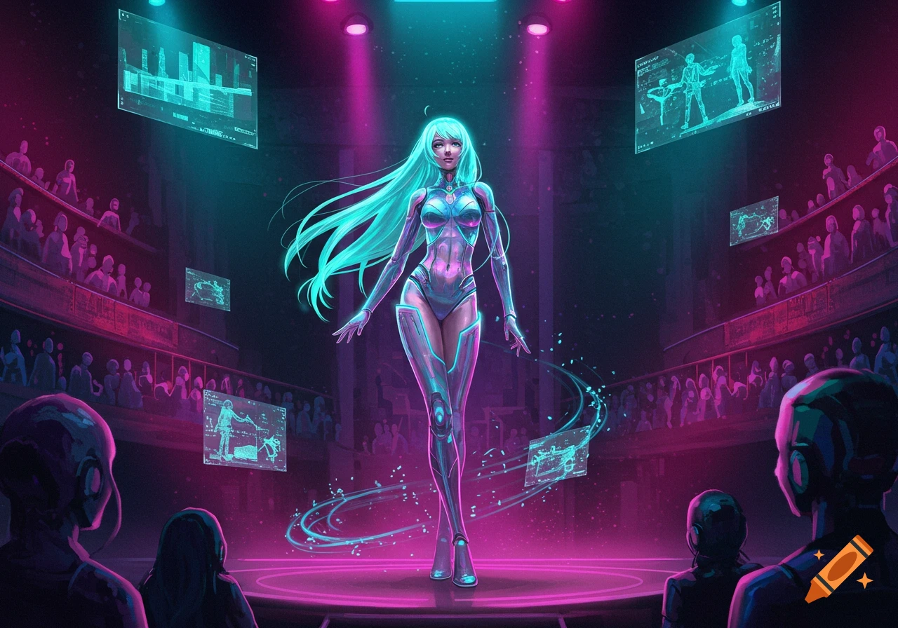 A cyan-haired female cyborg in a glowing bodysuit performs on a futuristic stage with holographic screens under blue and magenta lights.