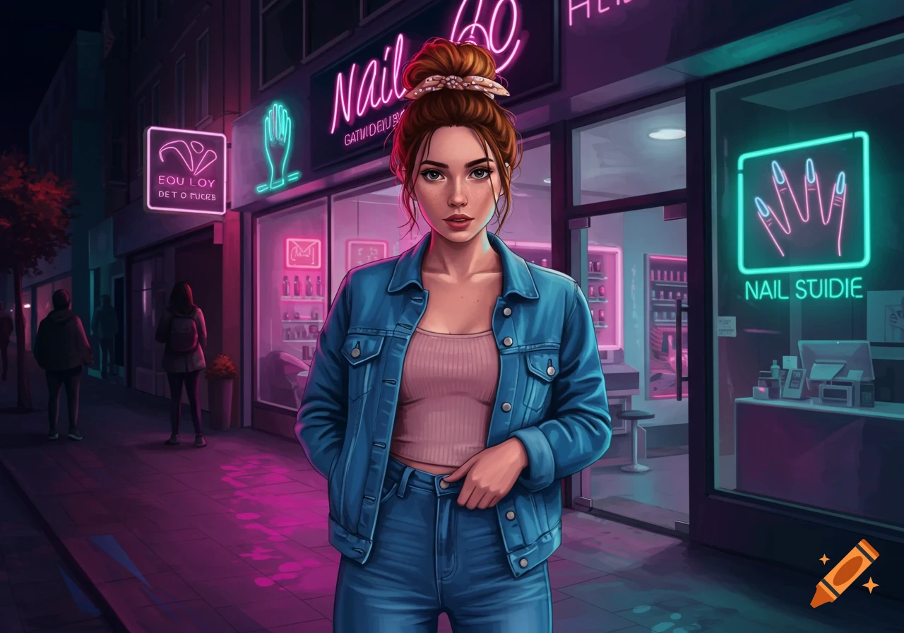 A stylized portrait of a young woman with a bun, wearing a denim jacket and jeans, standing at night in front of a neon-lit nail salon.