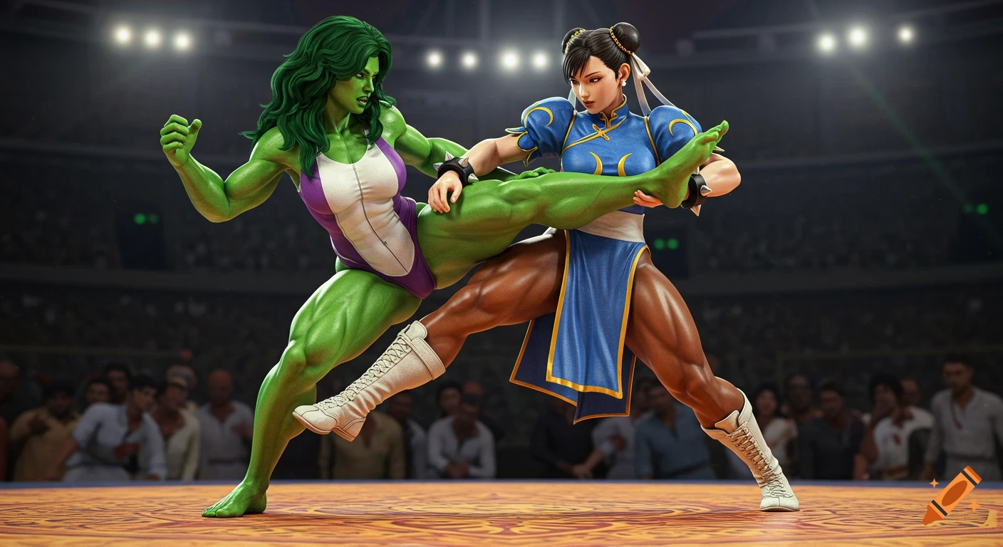Realistic depiction of She-Hulk and Chun-Li grappling in a brightly lit wrestling ring.