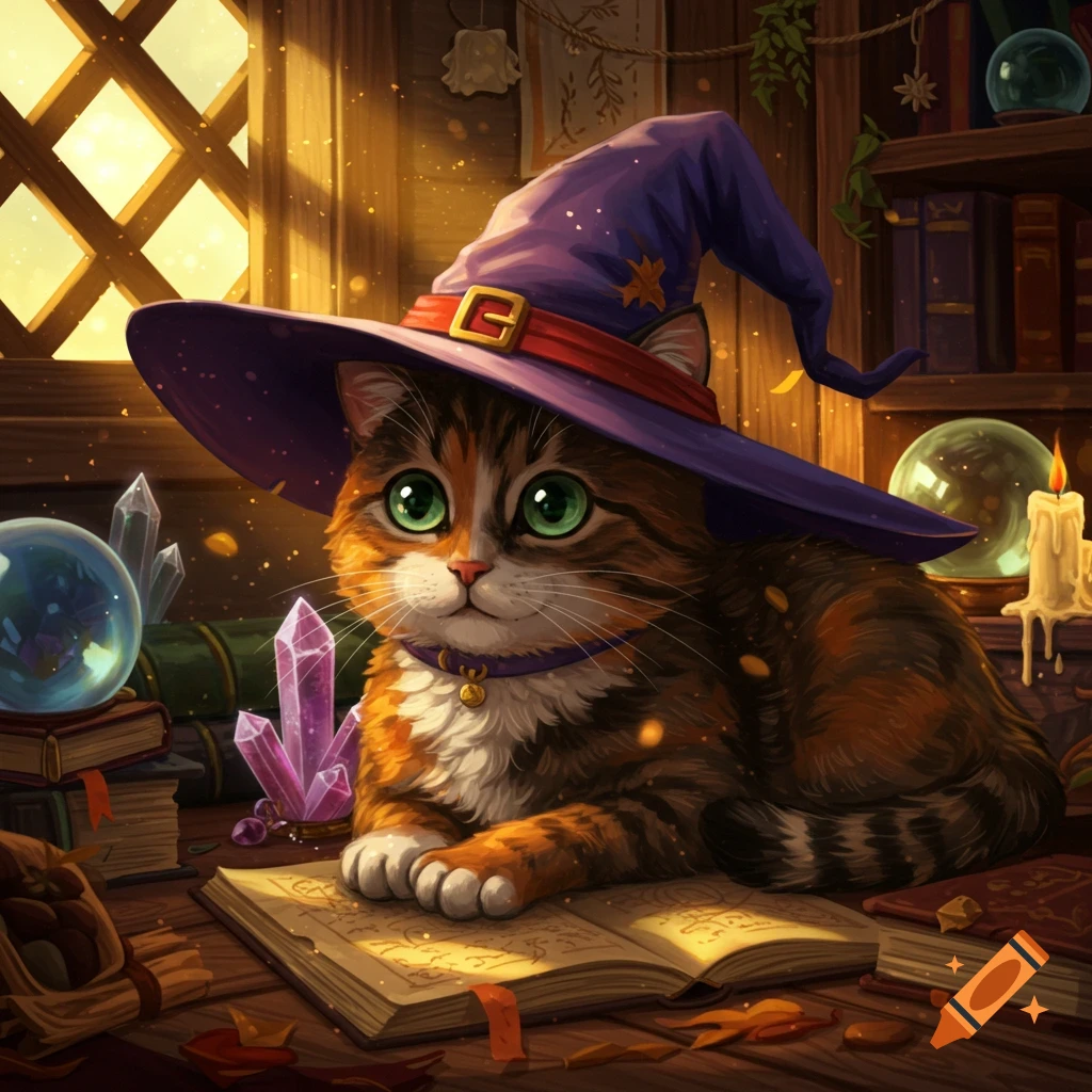 A cute tortoiseshell cat wearing a purple witch hat, sitting on an open book in a magical study, surrounded by crystals and glowing dust.