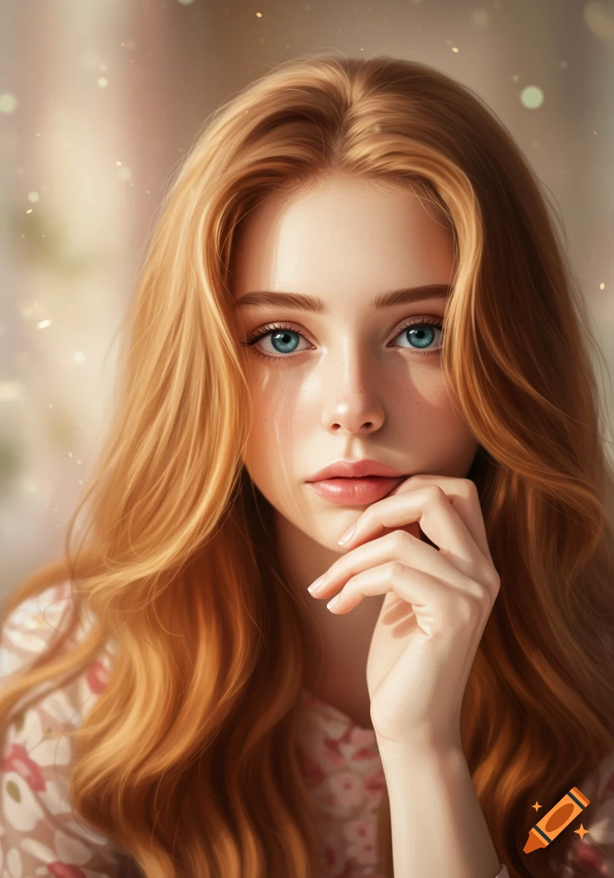 A young woman with strawberry blonde hair and blue eyes rests her chin on her hand, looking at the camera in soft light.