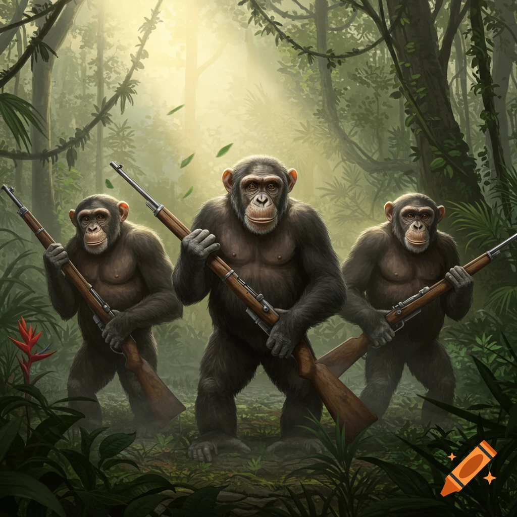 Three chimpanzees stand in a lush jungle, each holding a rifle in an illustrated style.