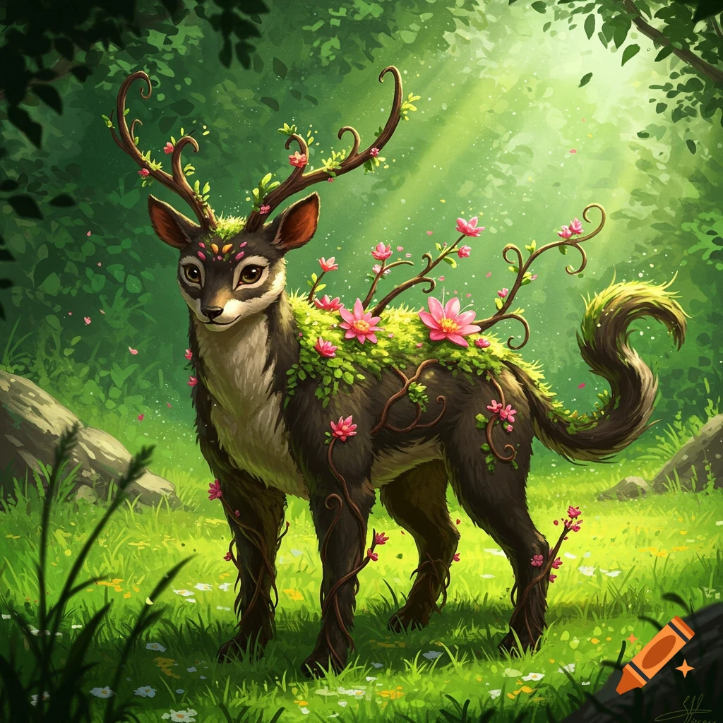 A fantastical deer-like creature, adorned with pink flowers, green vines, and leaves, stands in a sunlit forest.