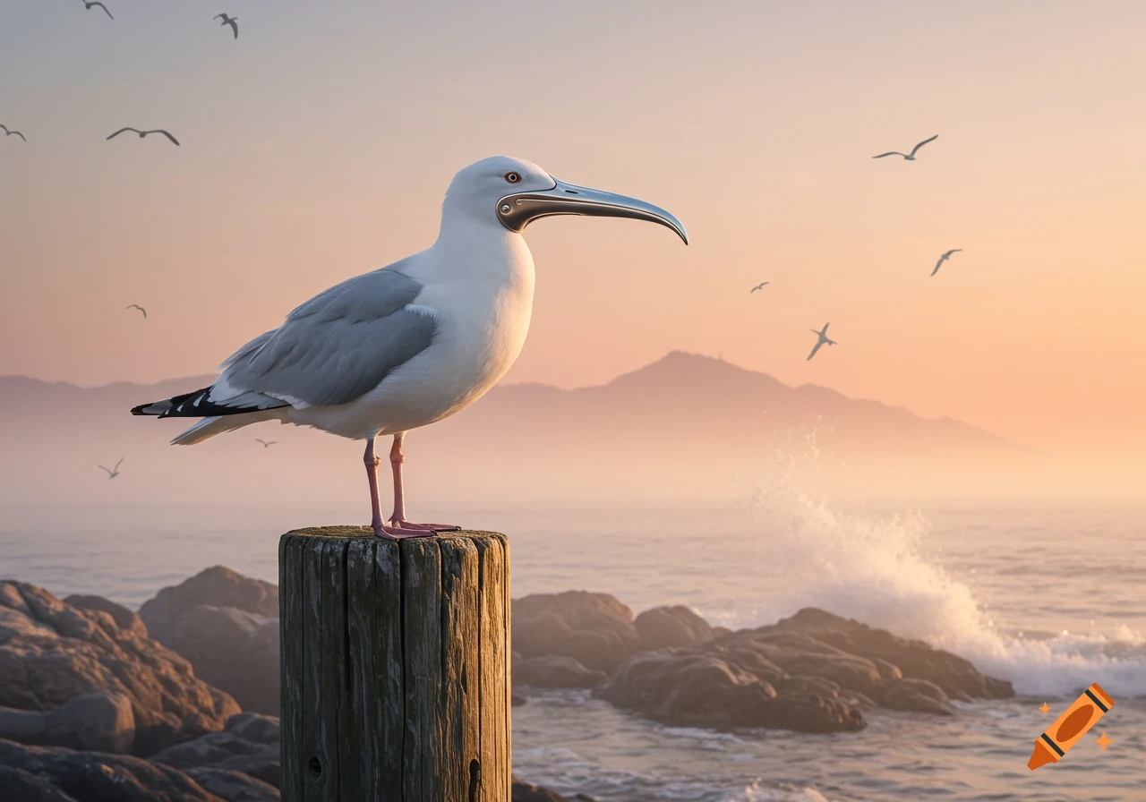 Photorealistic seagull with a metallic beak on a wooden post, overlooking a calm ocean at sunset with distant mountains.