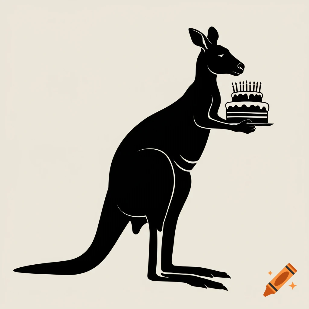Black silhouette vector drawing of a kangaroo standing and holding a birthday cake with lit candles.