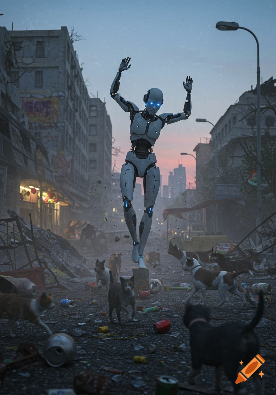 Photorealistic image of a humanoid robot balancing in a ruined city street with garbage, cats, and dogs.