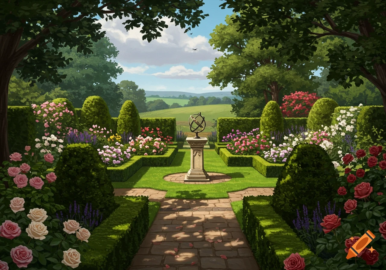 Manicured formal garden with a stone path leading to a sundial, framed by hedges, colorful flowers, and trees.