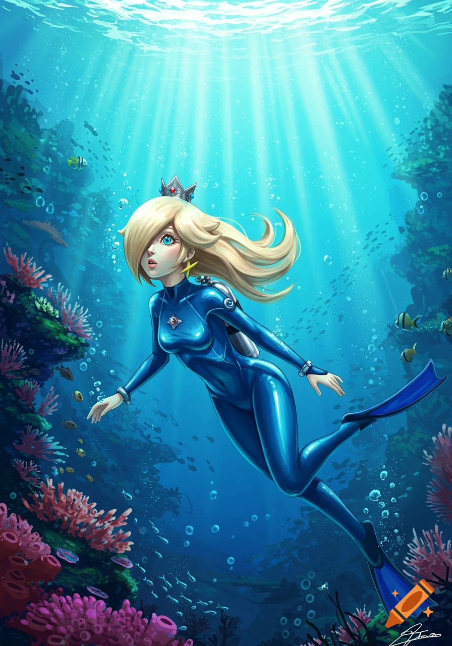 Rosalina in a blue wetsuit and flippers scuba diving in a vibrant coral reef with fish, depicted in an anime art style.