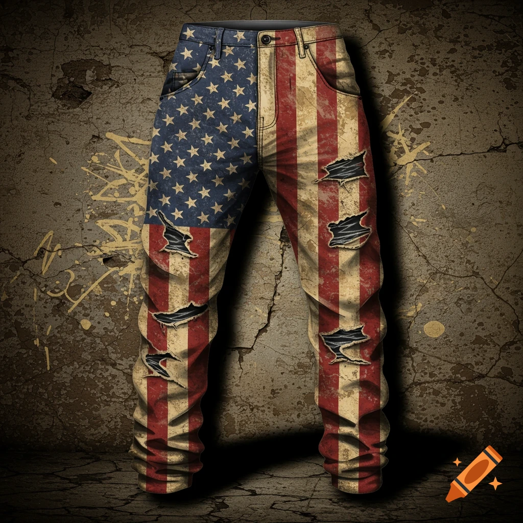 Grungy, distressed denim jeans patterned with the American flag, set against a dark, cracked wall.