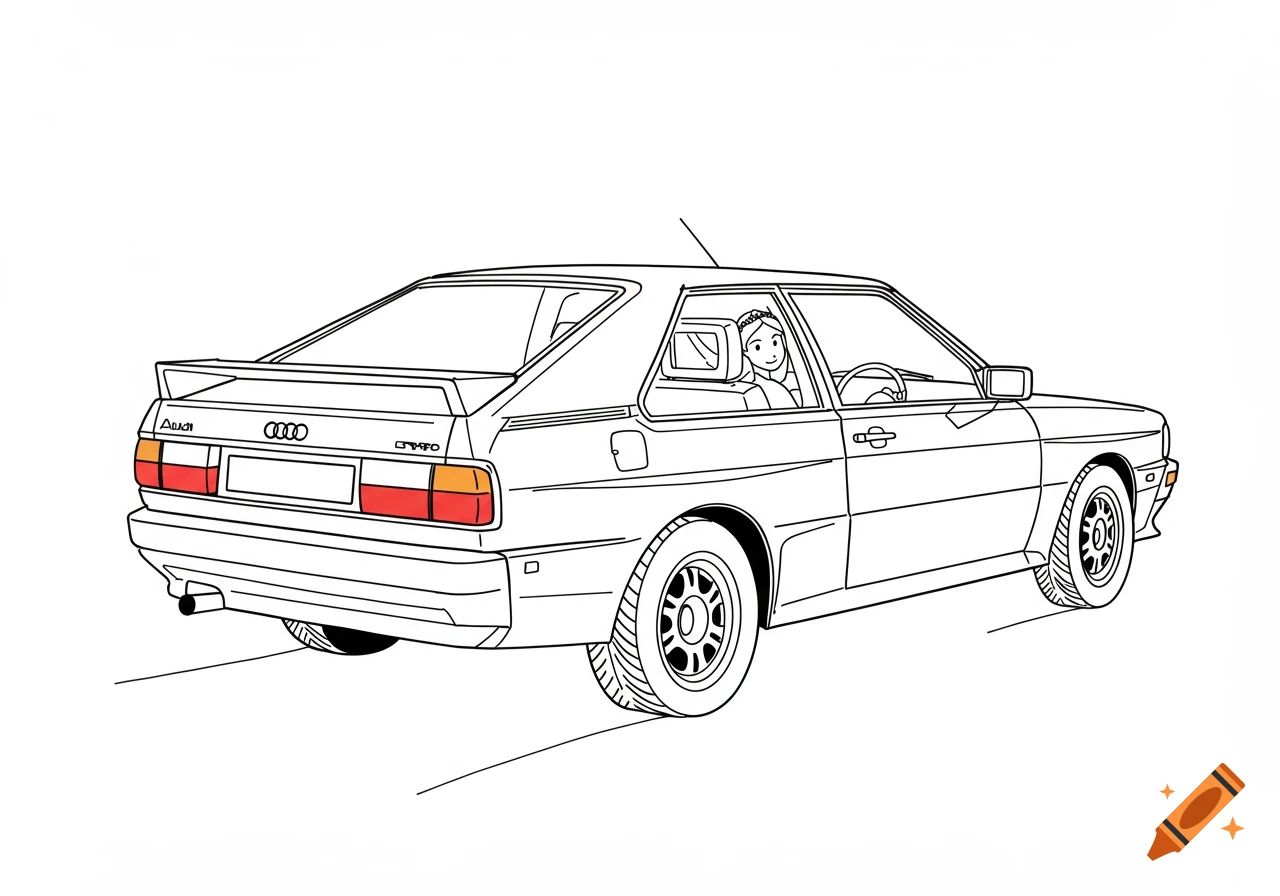 Black line drawing of an old Audi Quattro car, seen from the rear-side, with a smiling person in the driver's seat.