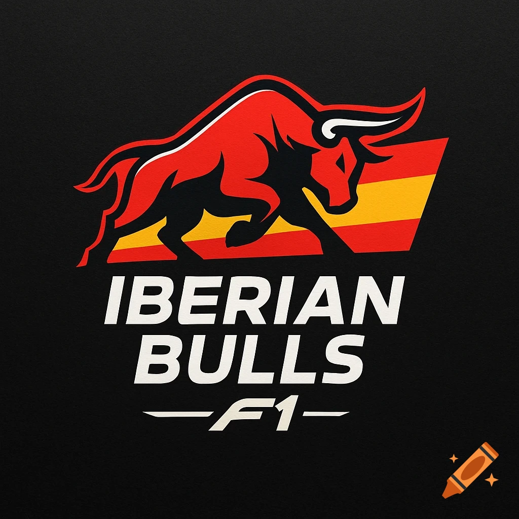 A bold logo featuring a red bull leaping over the Spanish flag, with 'IBERIAN BULLS F1' text below, on a dark background.