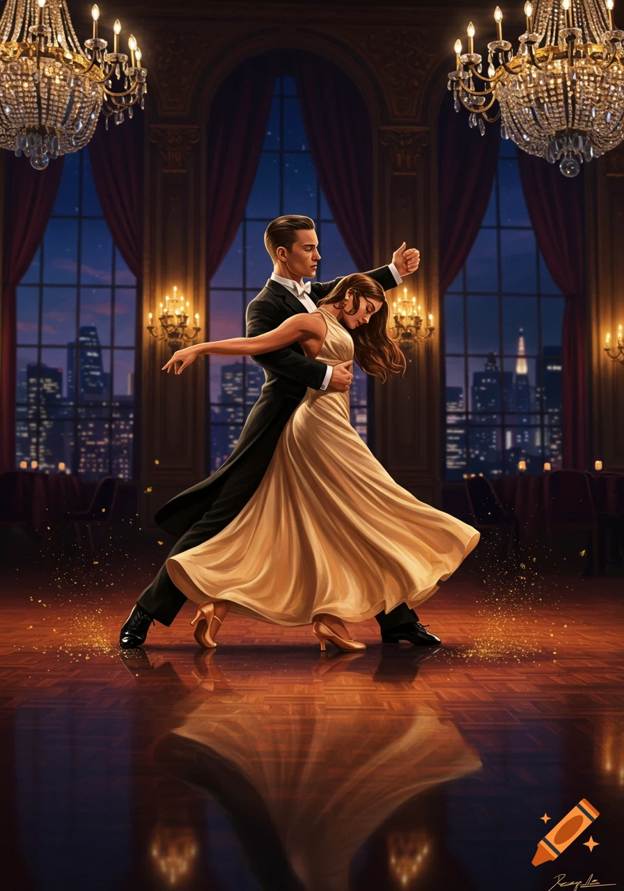 Elegant ballroom dance couple in a grand hall with chandeliers, city lights visible through large windows at night. Stylized illustration.