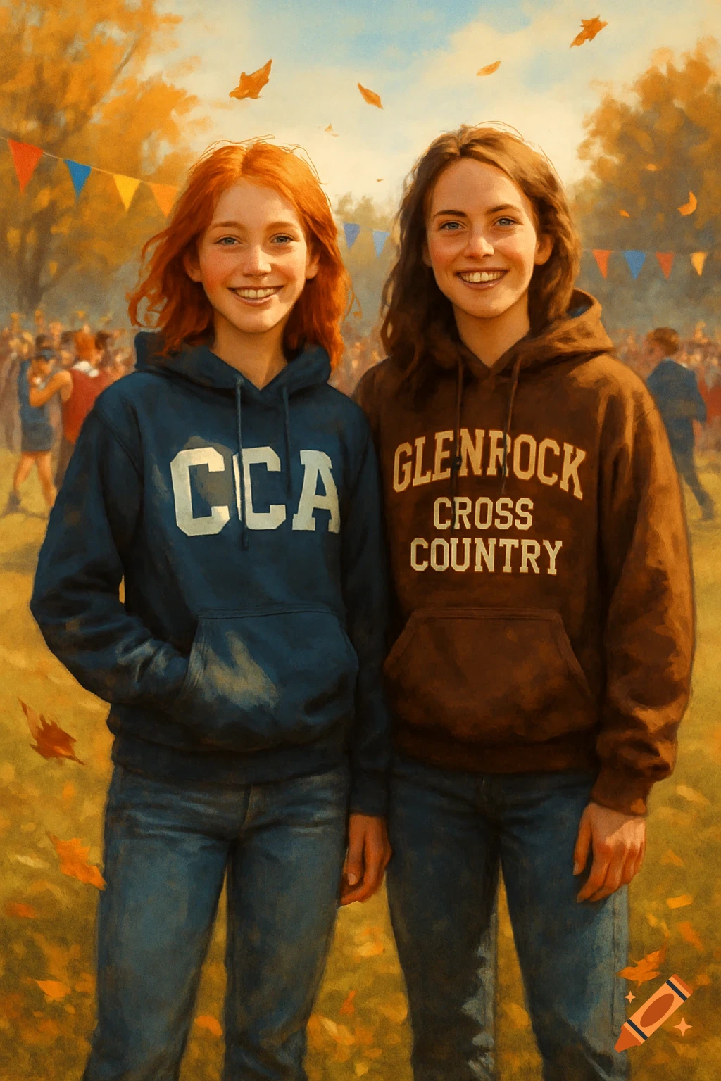 Two smiling girls in hoodies and jeans, one wearing a 'CCA' hoodie and the other 'Glenrock Cross Country,' at an autumn cross-country meet. Painterly style.