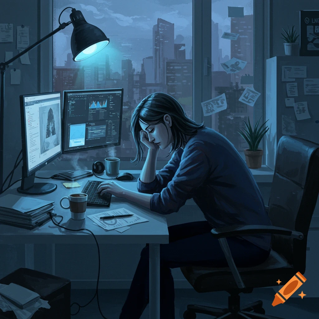 Digital illustration of a tired woman working late at night at her computer desk, with city lights outside the window.