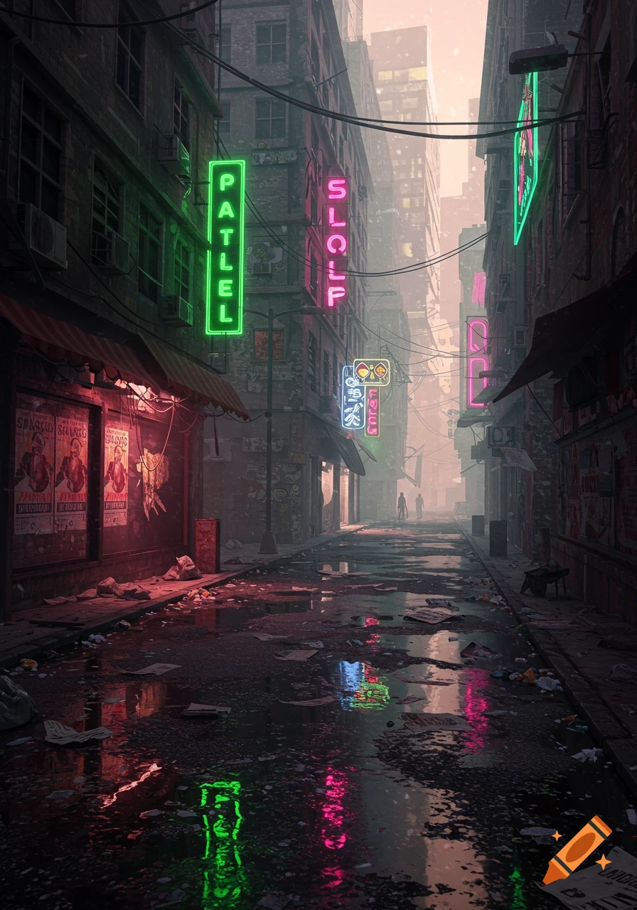 A dark, wet, trash-strewn cyberpunk city alley with neon signs, including one that reads "PATLEL" in green, and reflections in puddles.