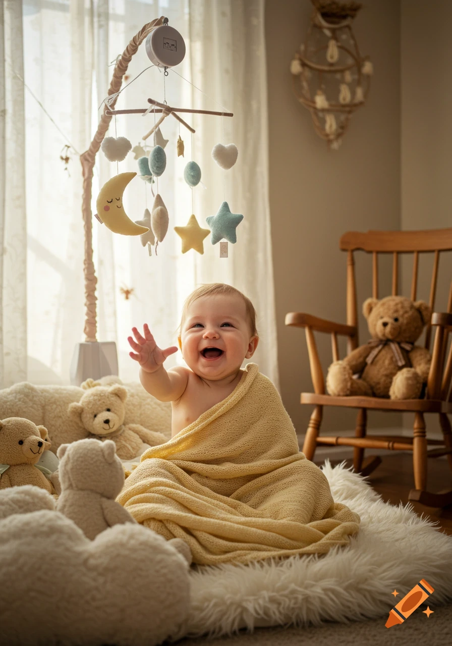 Happy baby wrapped in a yellow blanket, sitting on a fluffy rug with teddy bears and a moon-and-stars mobile overhead, in a sunlit nursery.