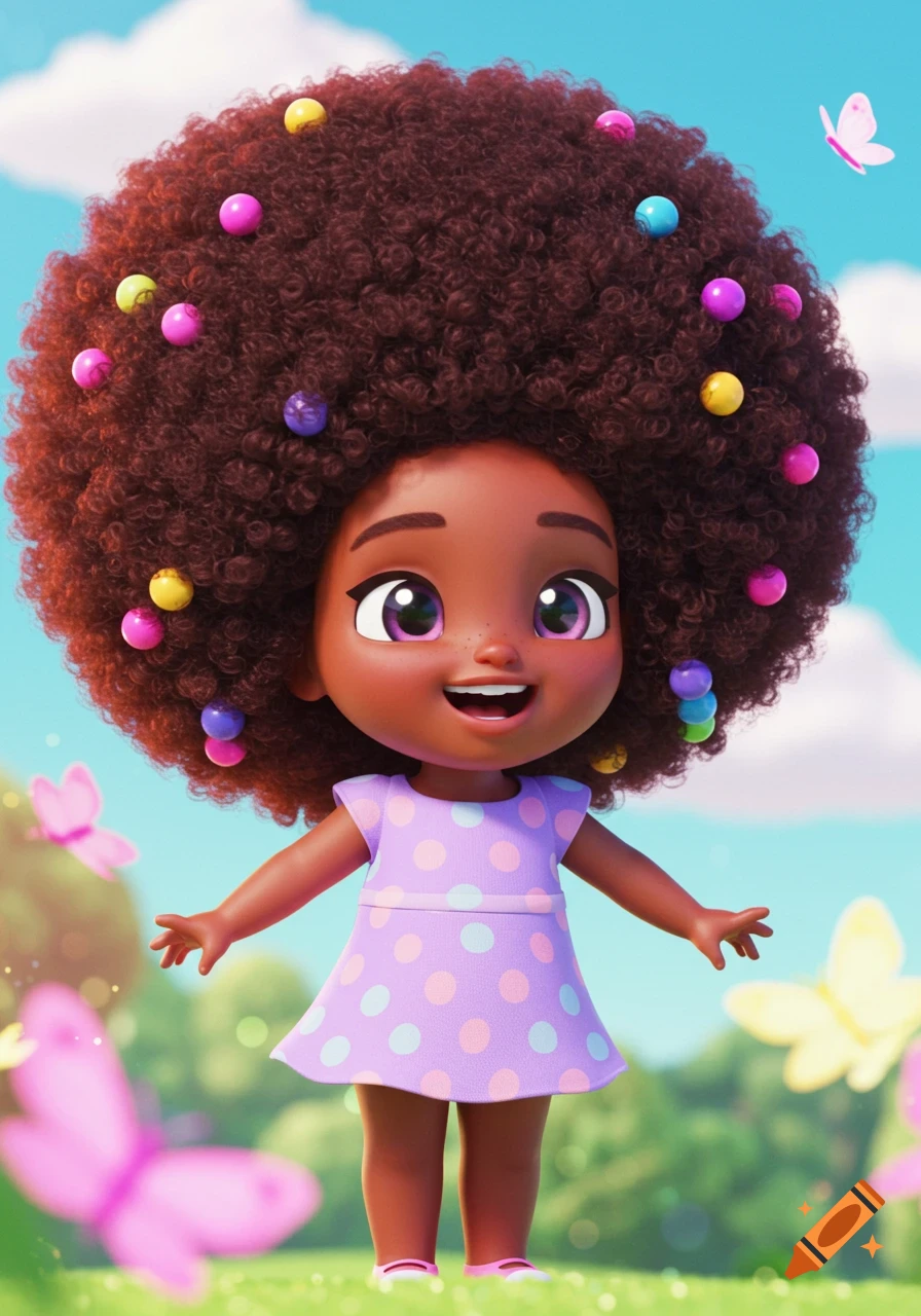 A smiling cartoon girl with a large afro, colorful beads, and a polka dot dress in a sunny park with butterflies.