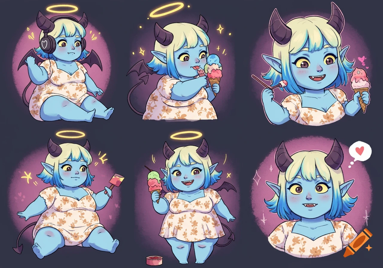 Multiple cartoon stickers of a cute, blue-skinned imp with horns, a tail, and a halo, wearing a floral dress, in various poses.