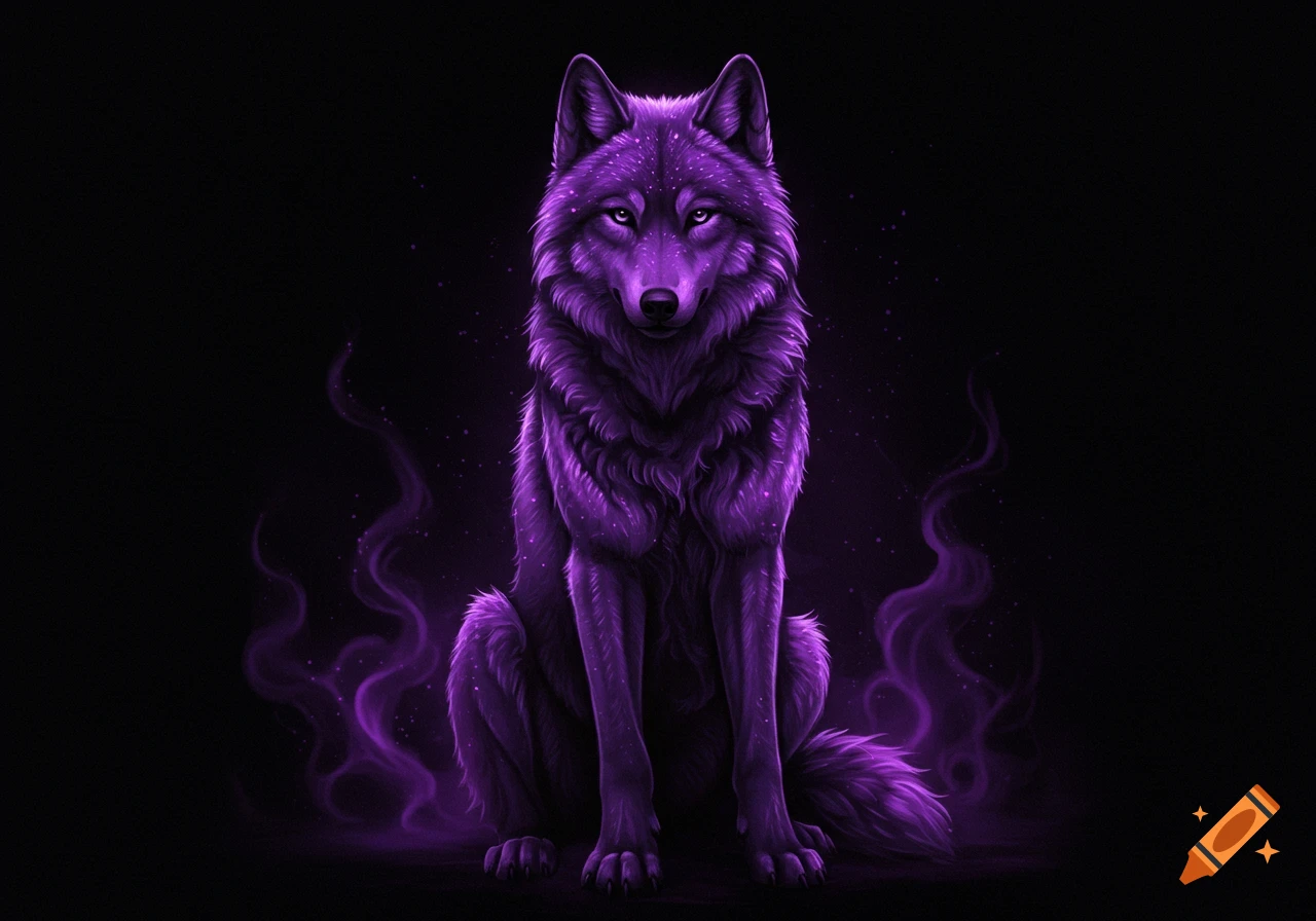 A mysterious purple wolf with glowing eyes sits facing forward, surrounded by purple mist and sparkles on a black background.