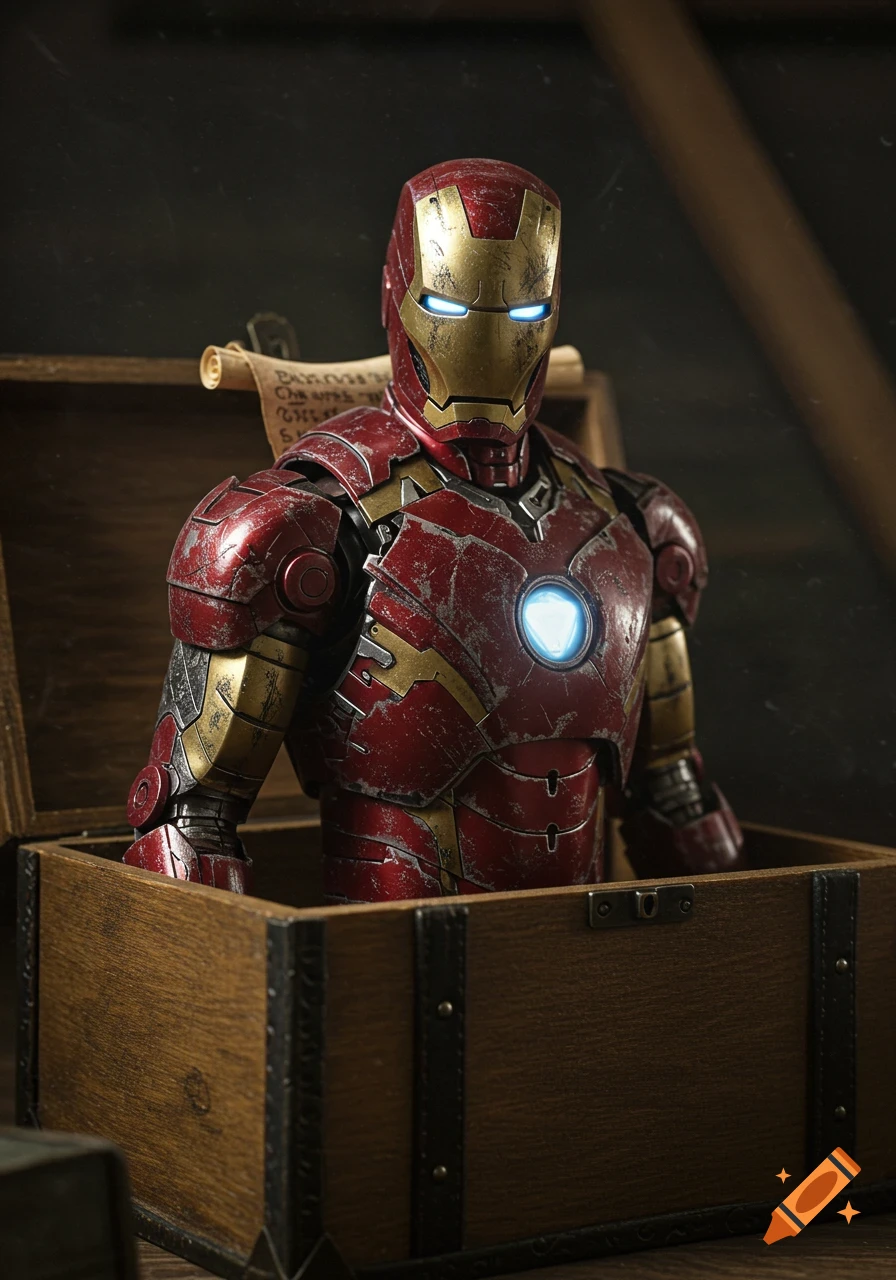 A weathered Iron Man suit with glowing eyes sits in an open wooden chest, a scroll visible behind its head, in a photorealistic style.