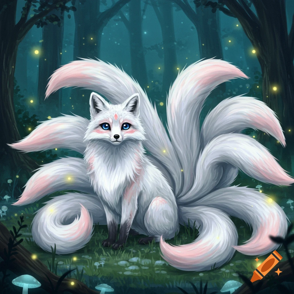 A white nine-tailed fox with blue eyes sits in a mystical, dark forest with glowing fireflies and mushrooms.