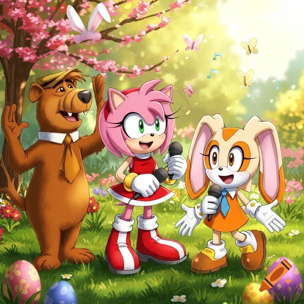 Yogi Bear, Amy Rose, and Cream the Rabbit sing in a vibrant spring park with Easter eggs and cherry blossoms.