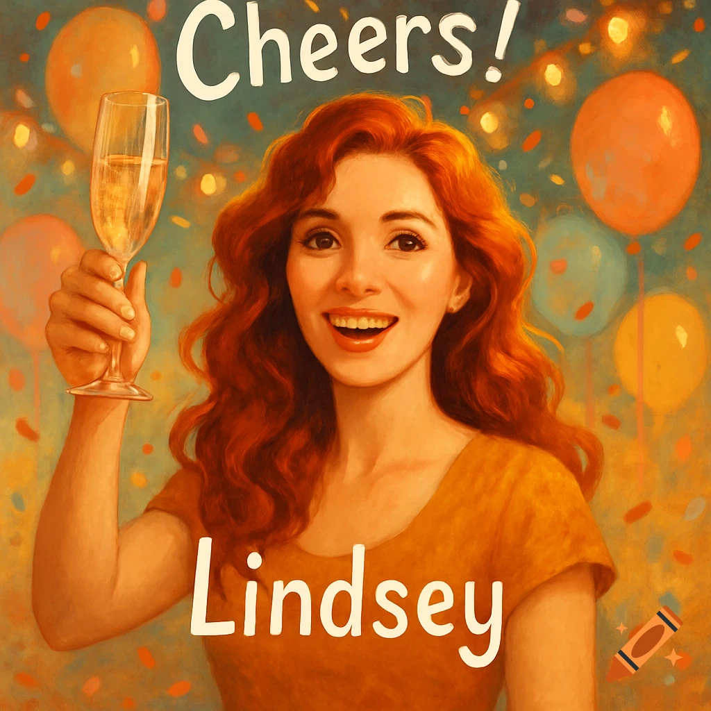 Smiling red-haired woman holding a champagne glass, with 'Cheers!' and 'Lindsey' text, surrounded by balloons and confetti, in an illustration style.
