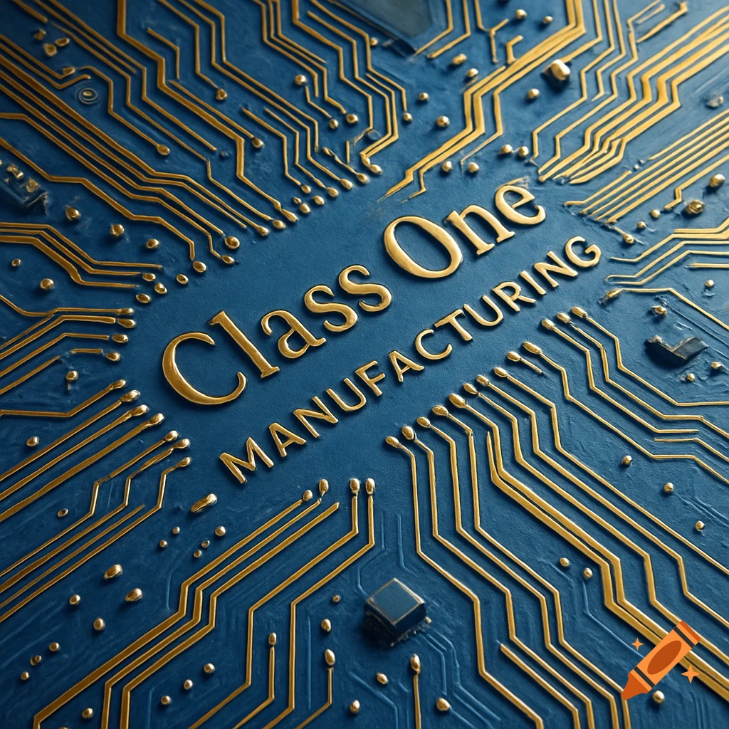 Close-up of a blue circuit board with intricate gold traces and the text 'Class One MANUFACTURING' prominently displayed.