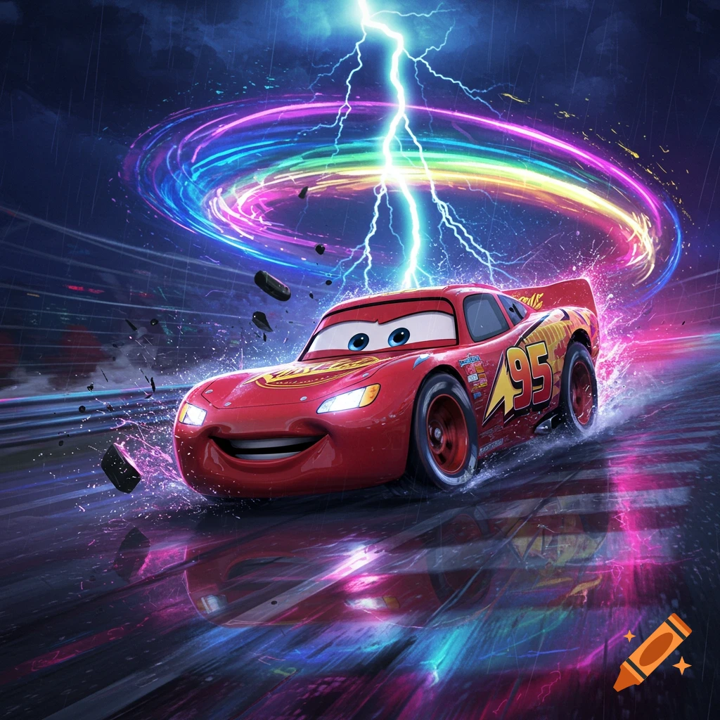Lightning McQueen races through a wet, dark track under a lightning strike and swirling rainbow light trails, with debris.