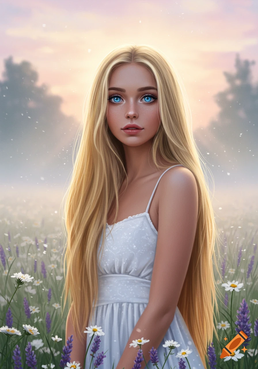 A beautiful young woman with long blonde hair and bright blue eyes, wearing a white dress, stands in a misty field of purple and white flowers in a digital art style.