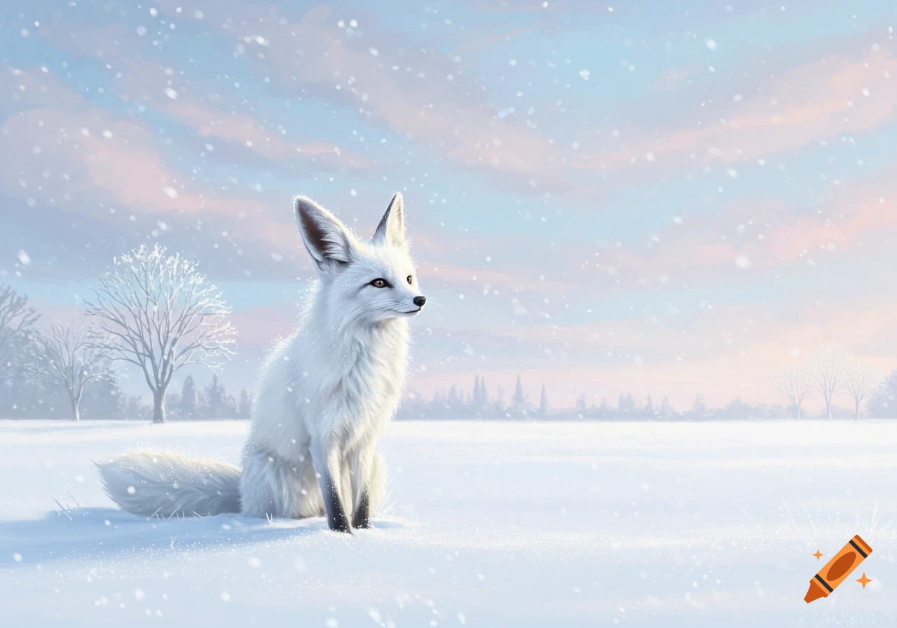 An illustration of a fluffy white fox sitting in a snowy winter field with bare trees and a pastel sky.