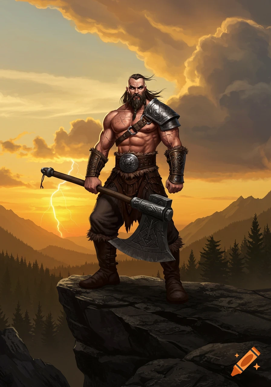 Muscular barbarian warrior with an axe on a cliff, overlooking mountains under a dramatic sunset sky with lightning. Fantasy illustration.