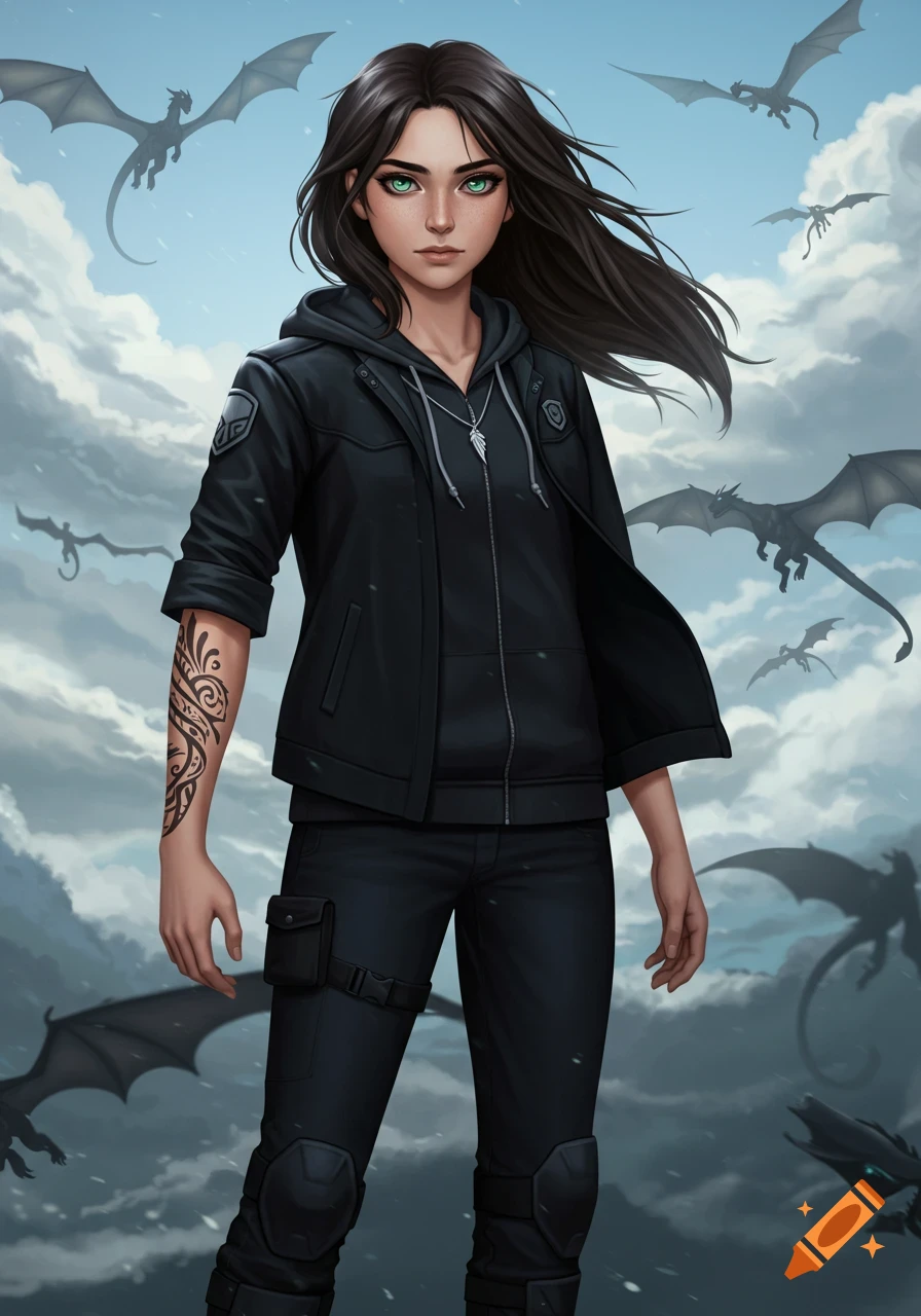 An illustrated young woman with dark hair, green eyes, and arm tattoo in a black uniform, with dragons flying in a cloudy sky.