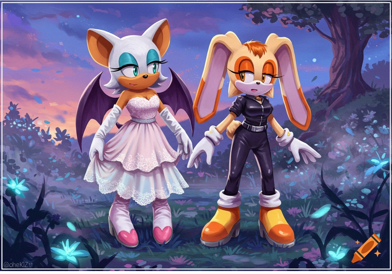 Rouge the Bat in a pink dress and Cream the Rabbit in a black jumpsuit stand in a magical twilight forest, anime style.
