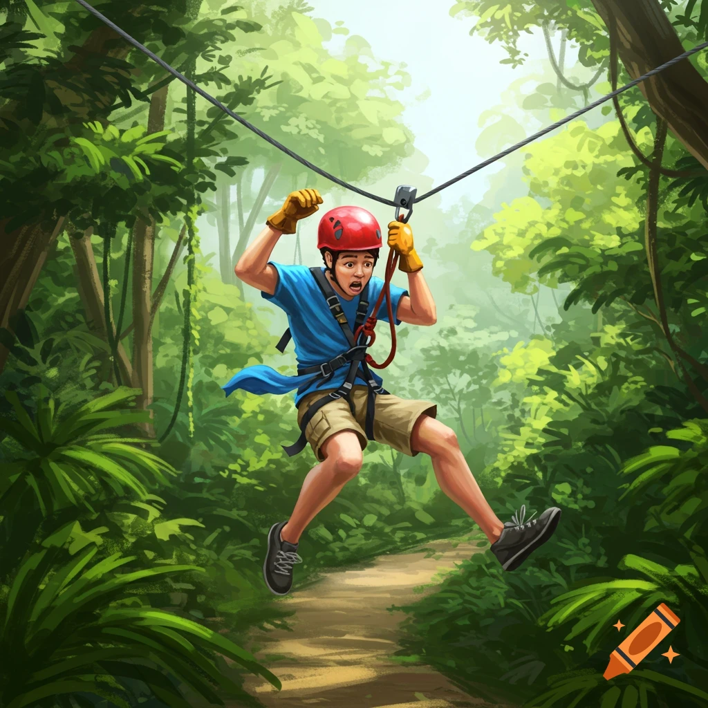 A scared person in a helmet and harness zip-lines through a lush green jungle.